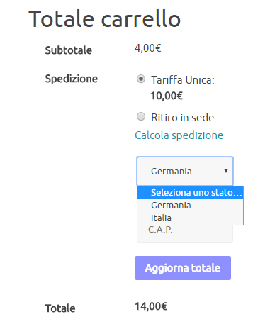 Carrello scelta nazione spedizione